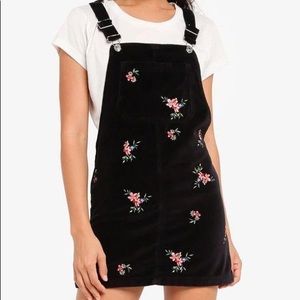 Topshop black velvet embroidered overall dress